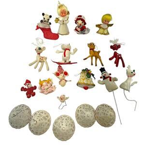 VTG 50s Lot Flocked Felt Christmas Ornaments Angels Mice Deer Bells Snowman Bird